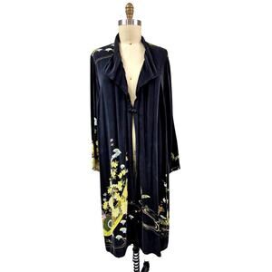 Citron Santa Monica 100% Silk Kimono Brushed Black yellow floral Border Print OS
